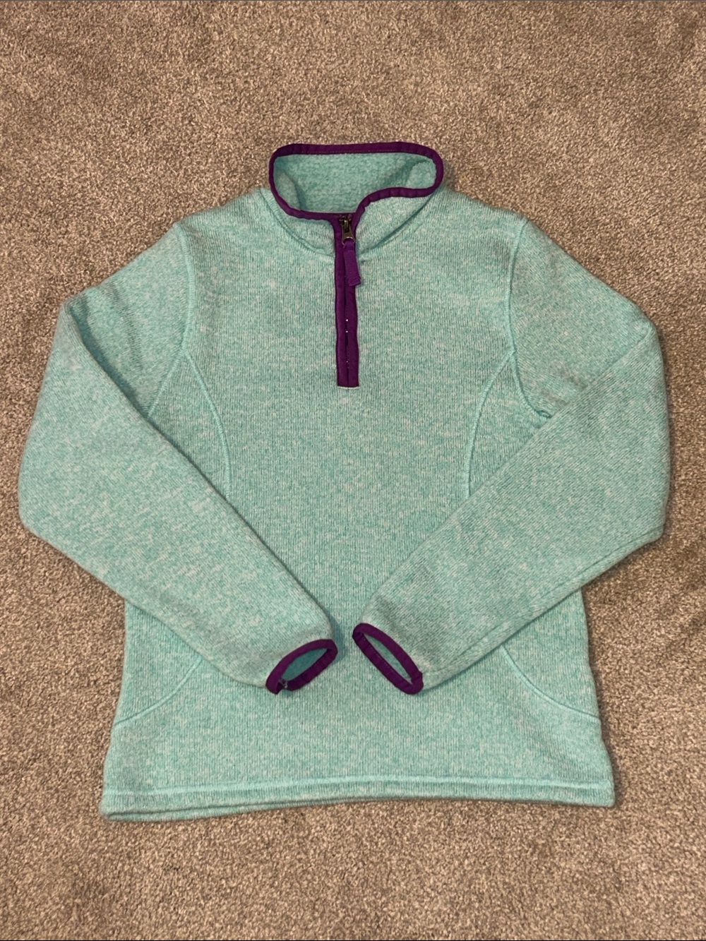 Lands End Aqua Heather Quarter-Zip Sweater with Purple Trim size M (10/12)